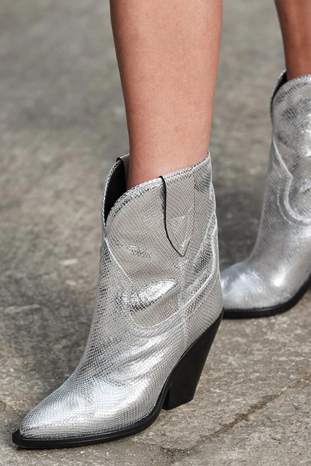 Silver Metallic Cowboy Pointed Toe Block Heeled Ankle Boots