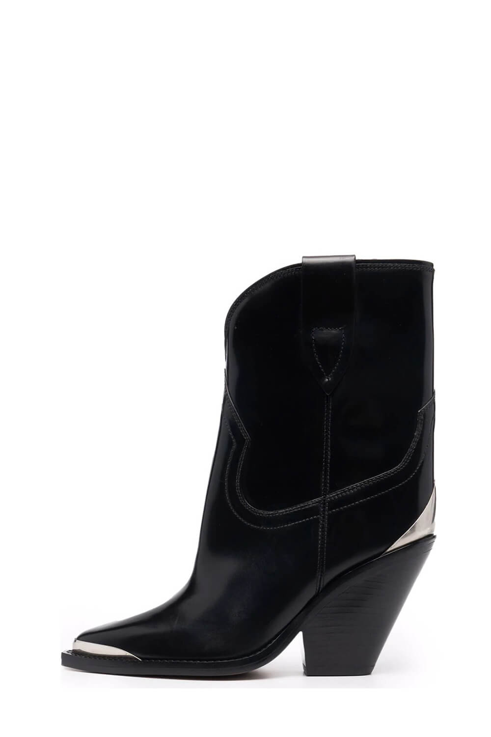 Faux Leather Cowboy Pointed Toe Block Heeled Ankle Boots - Black