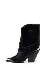 Faux Leather Cowboy Pointed Toe Block Heeled Ankle Boots - Black