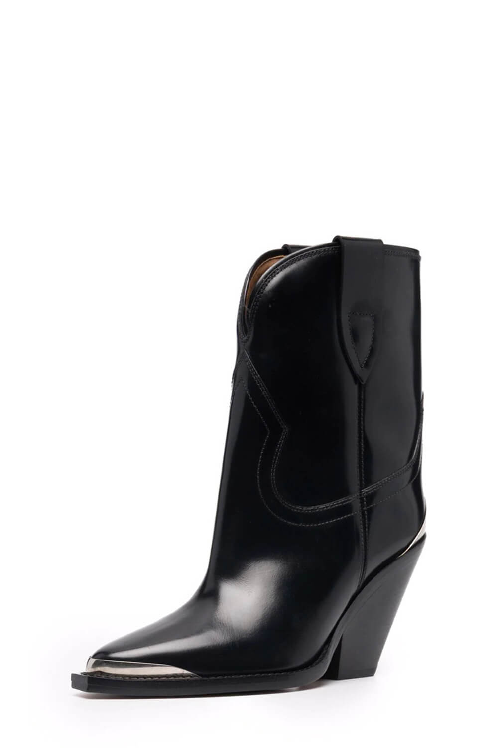 Faux Leather Cowboy Pointed Toe Block Heeled Ankle Boots - Black