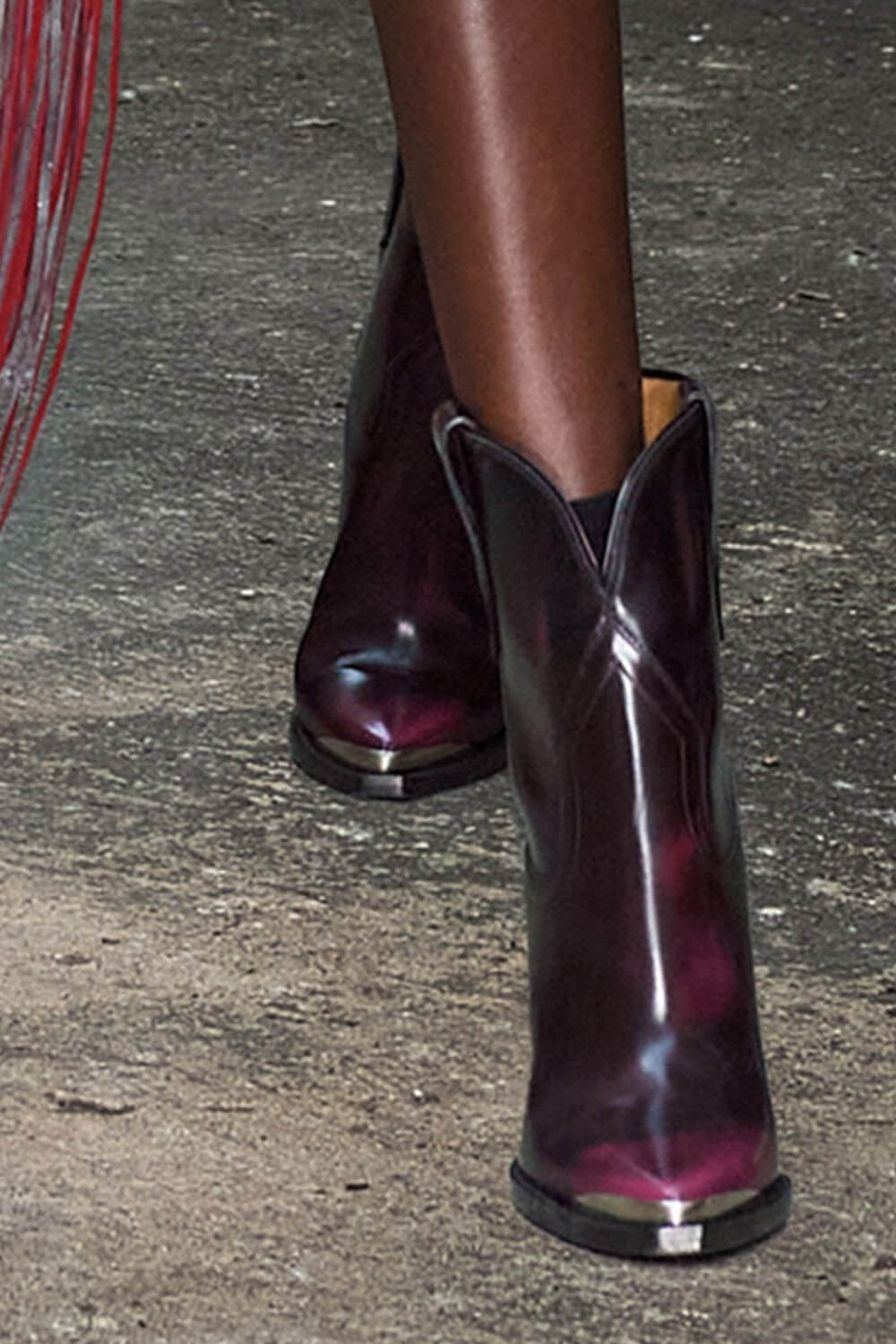 Faux Leather Cowboy Pointed Toe Block Heeled Ankle Boots - Burgundy