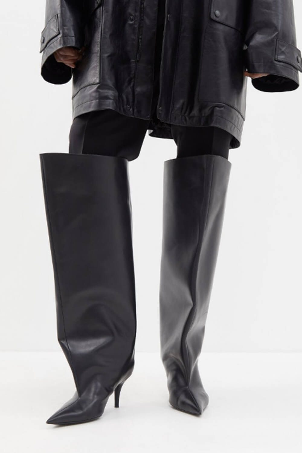 Bucket Point Toe Over The Knee Stiletto Heeled Boots - Black