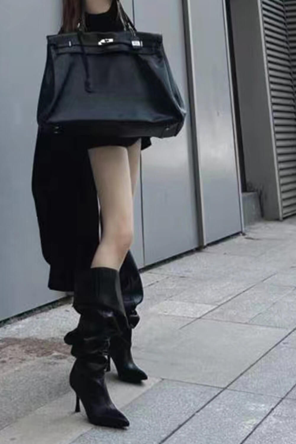 Black Pu Bucket Point Toe Over The Knee Stiletto Heeled Boots