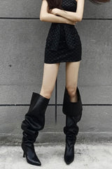 Black Pu Bucket Point Toe Over The Knee Stiletto Heeled Boots