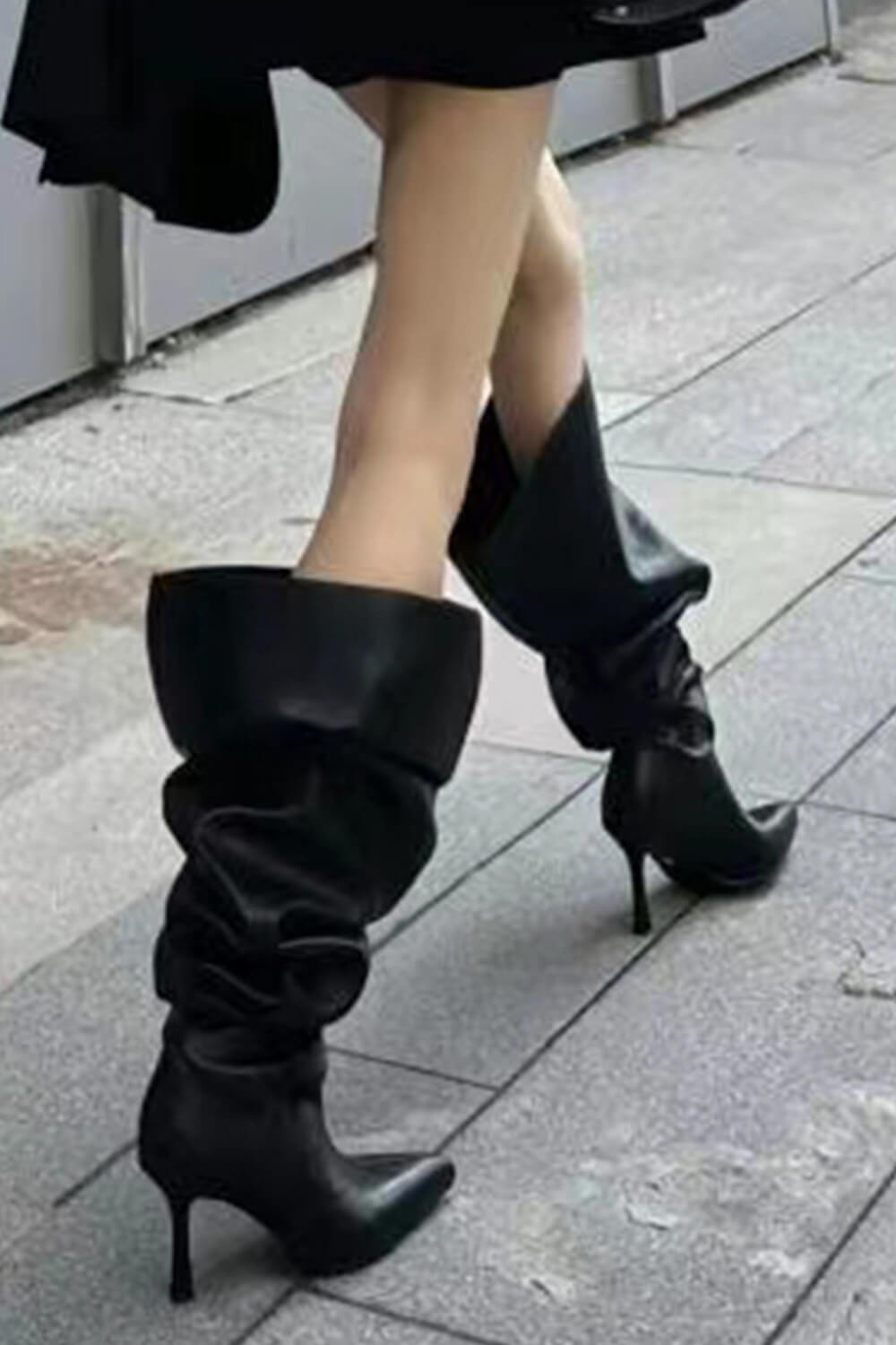 Black Pu Bucket Point Toe Over The Knee Stiletto Heeled Boots