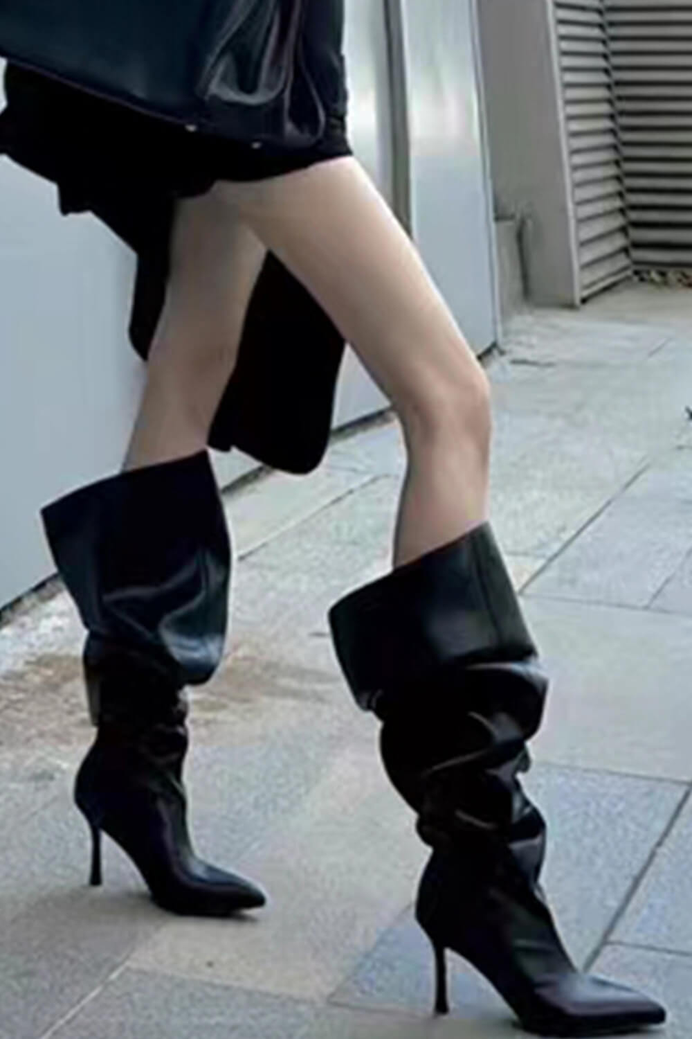 Black Pu Bucket Point Toe Over The Knee Stiletto Heeled Boots