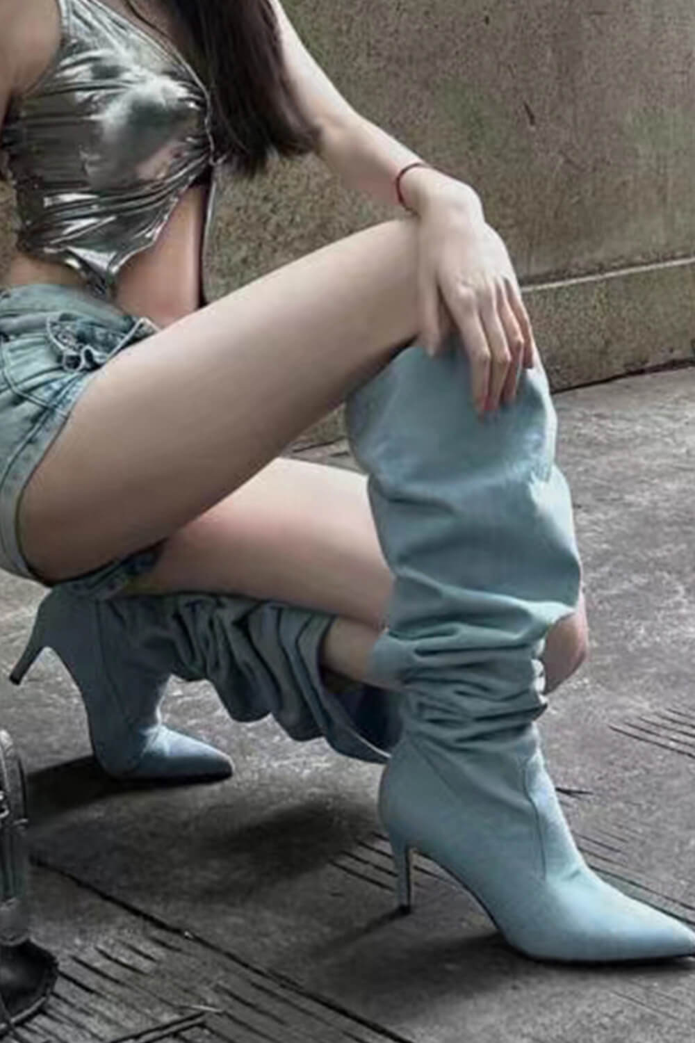 Denim Bucket Point Toe Edge Over The Knee Stiletto Heeled Boots - Blue
