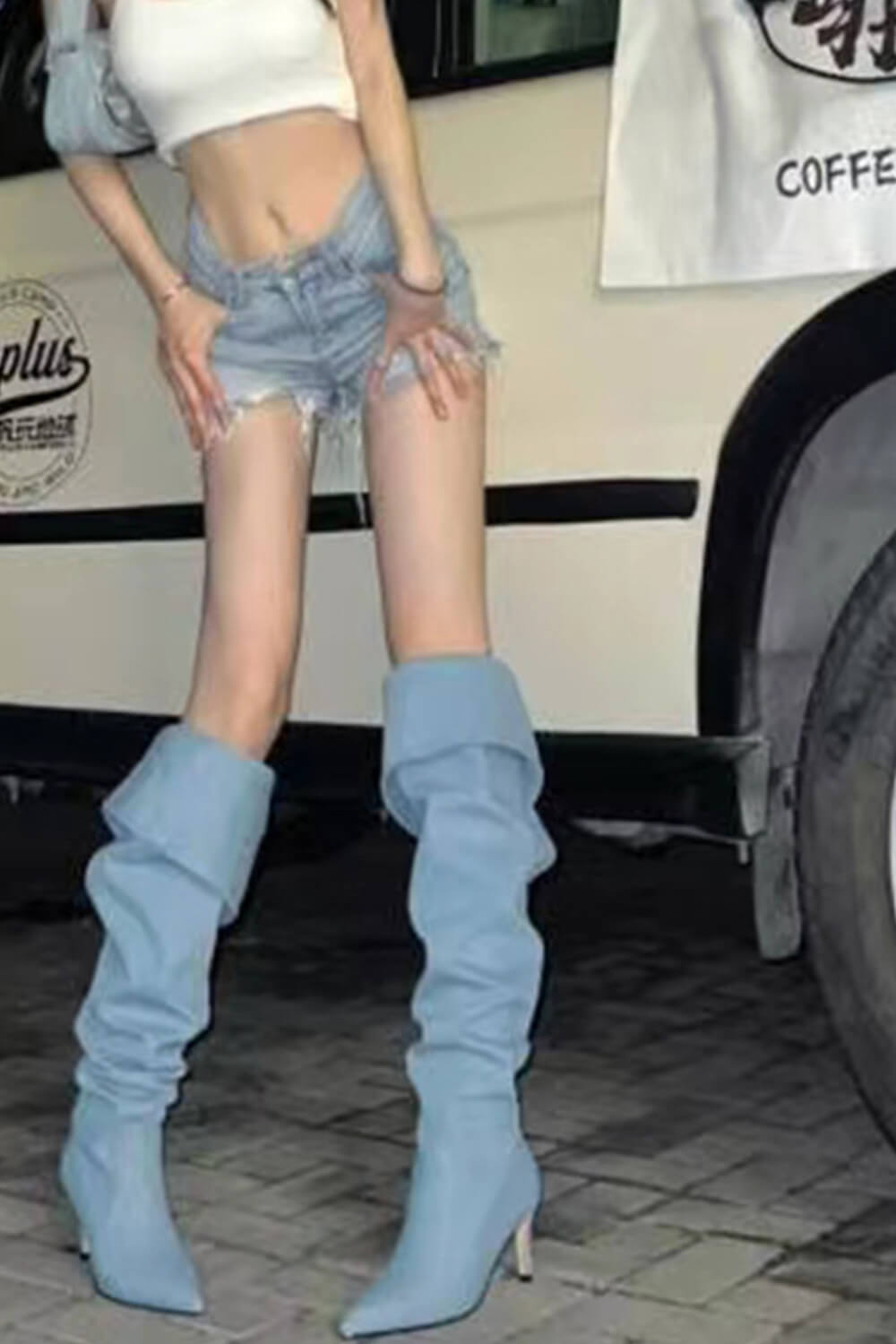 Denim Bucket Point Toe Edge Over The Knee Stiletto Heeled Boots - Blue