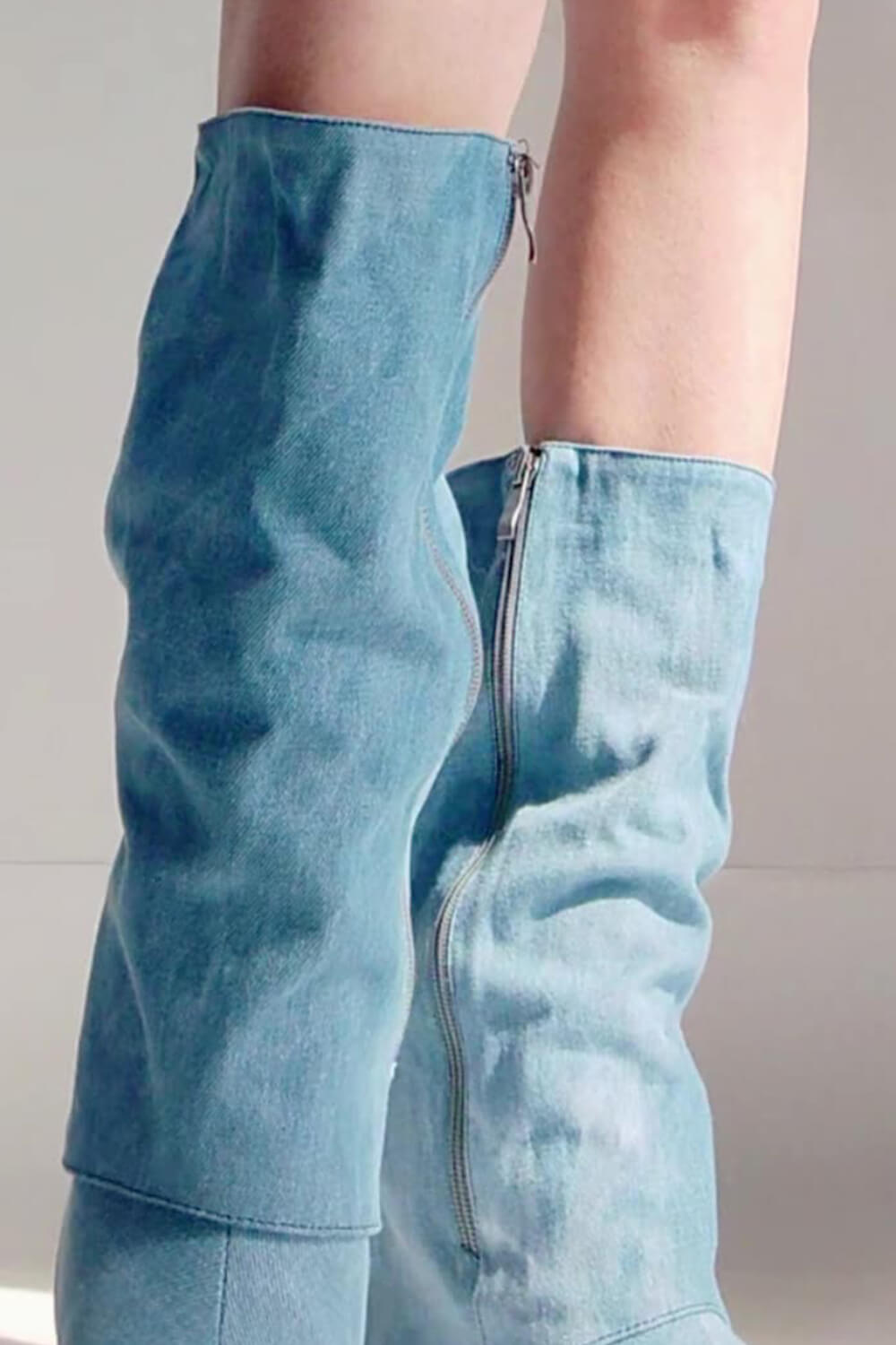 Denim Folded Mid Calf Pointed Toe Block Heel Boots