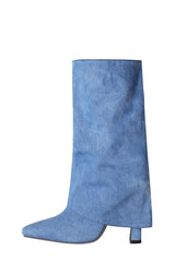 Denim Folded Mid Calf Pointed Toe Block Heel Boots
