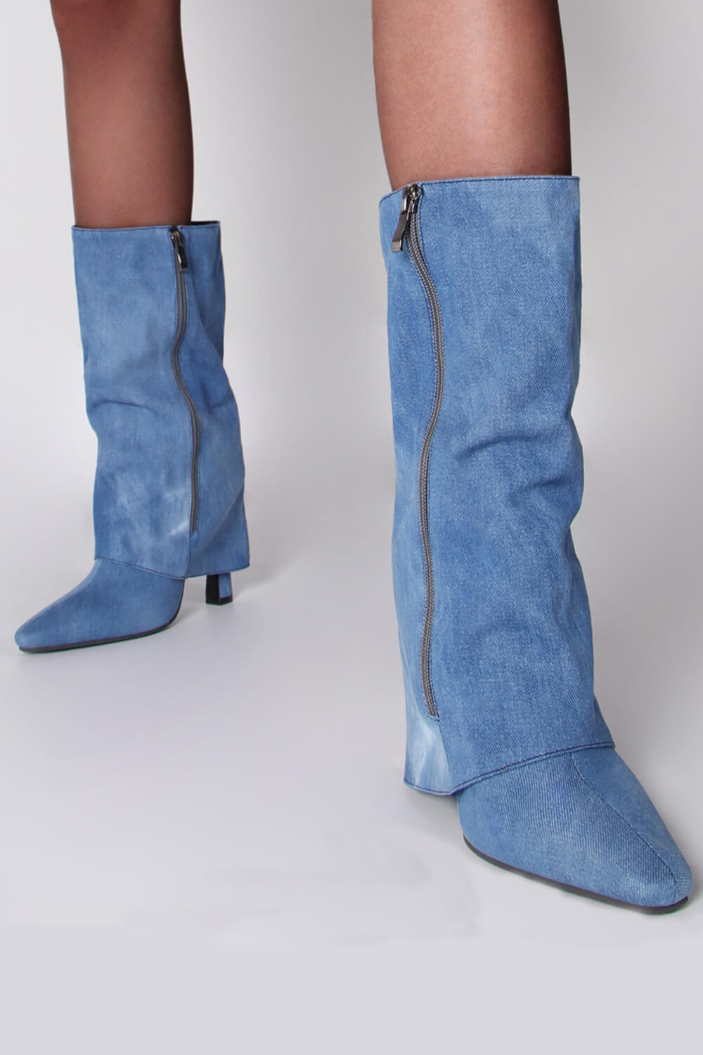 Denim Folded Mid Calf Pointed Toe Block Heel Boots