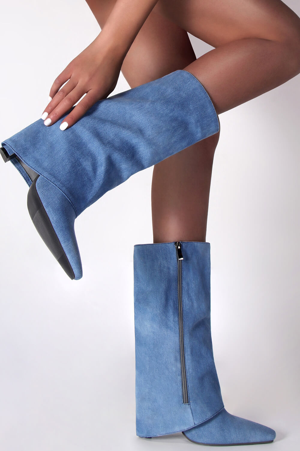 Denim Folded Mid Calf Pointed Toe Block Heel Boots