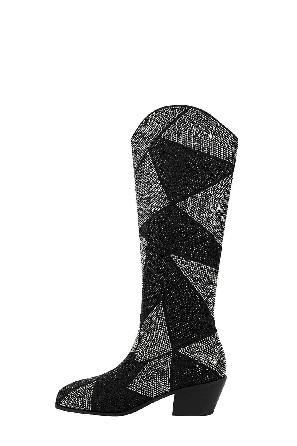 Rhinestones Embellished Faux Leather Western Cowboy Pointed Toe Block Heeled Knee High Boots