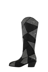 Rhinestones Embellished Faux Leather Western Cowboy Pointed Toe Block Heeled Knee High Boots