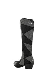 Rhinestones Embellished Faux Leather Western Cowboy Pointed Toe Block Heeled Knee High Boots