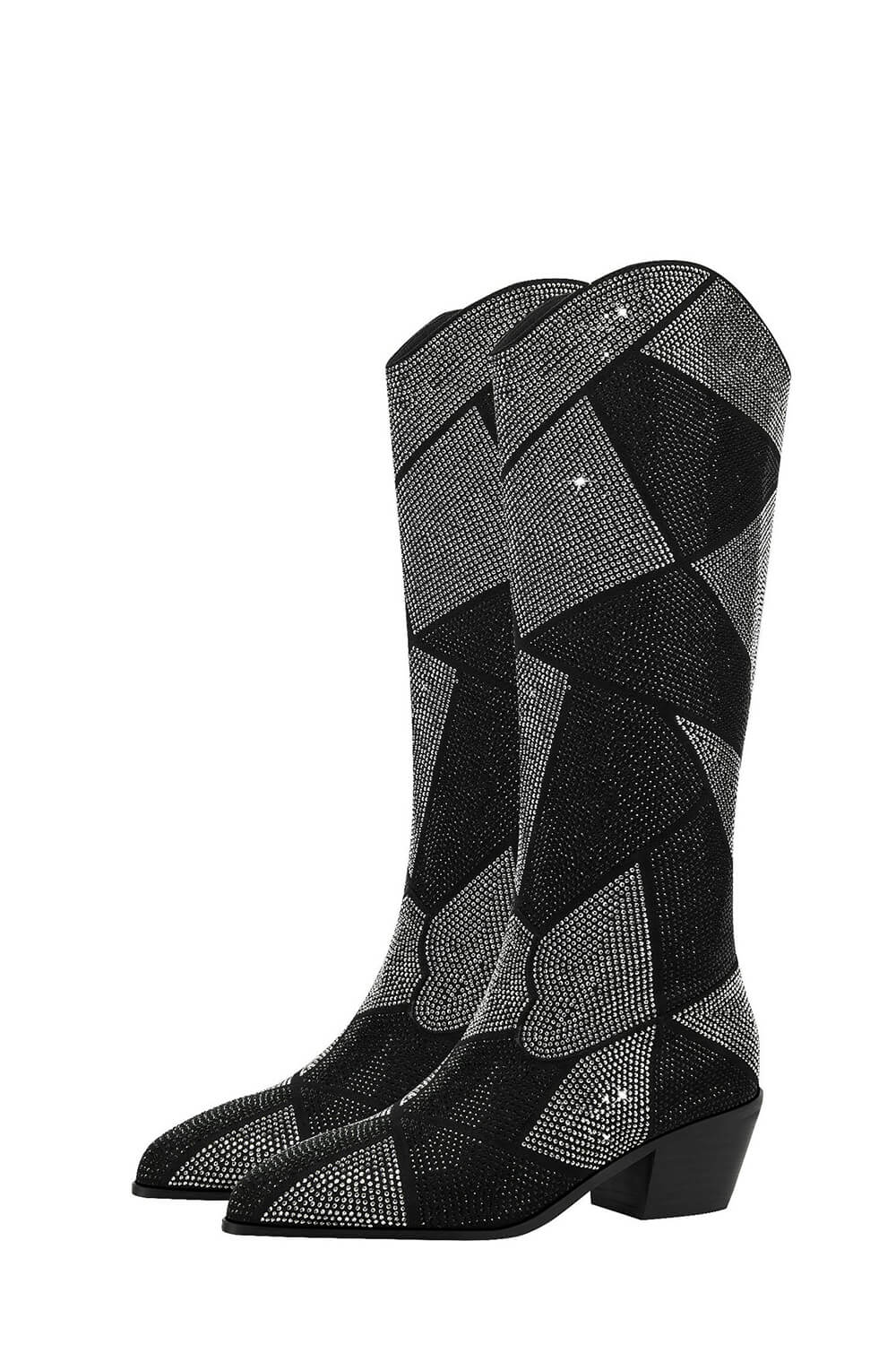 Rhinestones Embellished Faux Leather Western Cowboy Pointed Toe Block Heeled Knee High Boots
