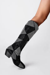 Rhinestones Embellished Faux Leather Western Cowboy Pointed Toe Block Heeled Knee High Boots