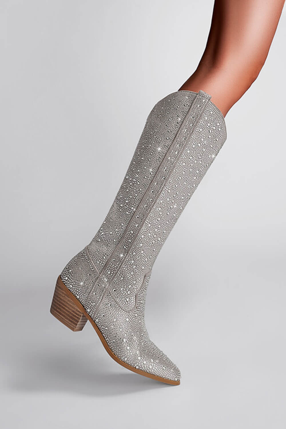 Rhinestone-Embellished Knee High Western Cowboy Pointed Toe Block Heeled Boots