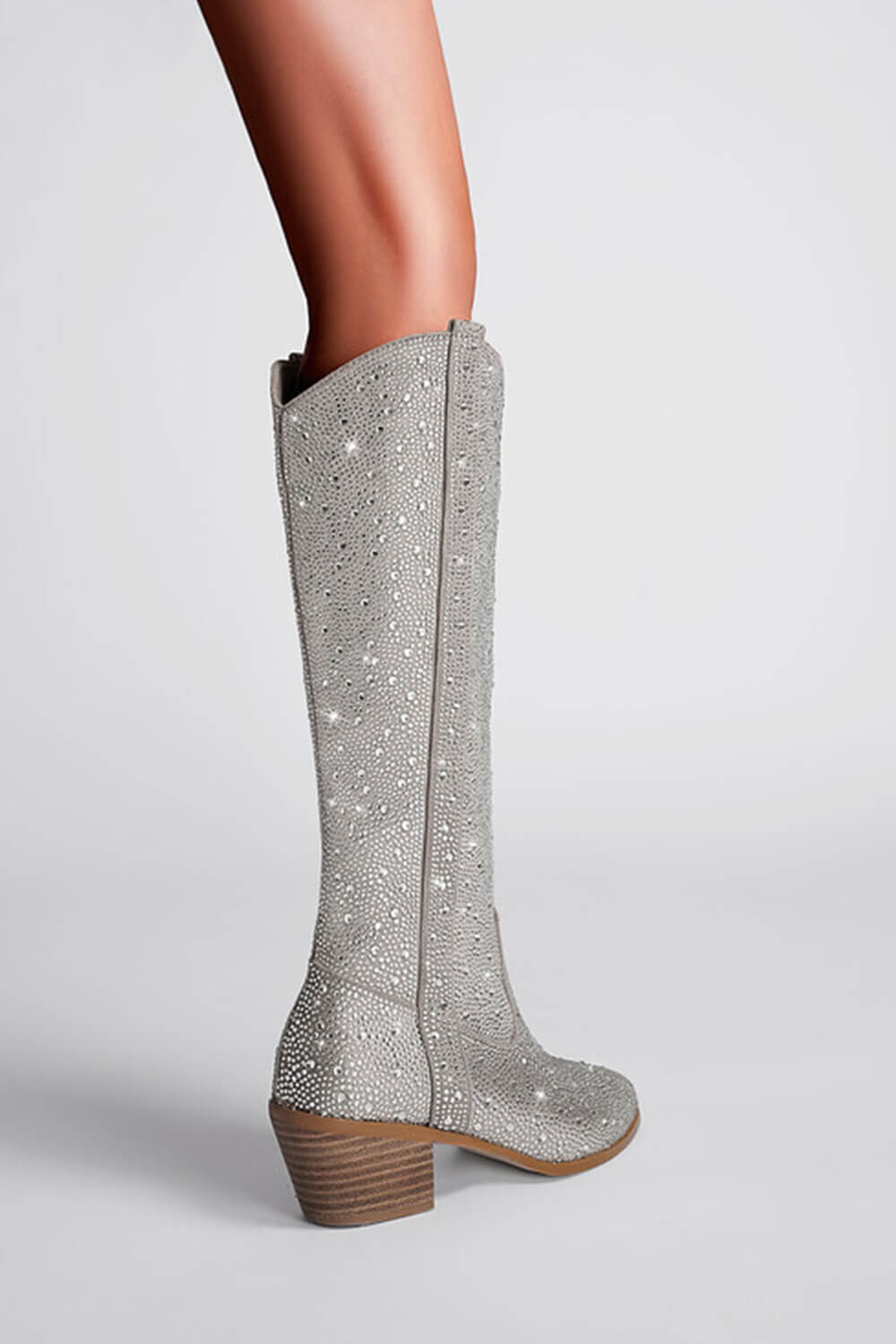 Rhinestone-Embellished Knee High Western Cowboy Pointed Toe Block Heeled Boots