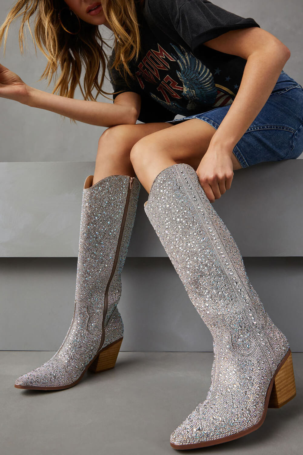 Rhinestone-Embellished Knee High Western Cowboy Pointed Toe Block Heeled Boots