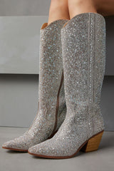 Rhinestone-Embellished Knee High Western Cowboy Pointed Toe Block Heeled Boots
