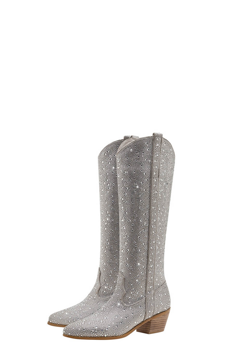 Rhinestone-Embellished Knee High Western Cowboy Pointed Toe Block Heeled Boots