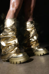 Metallic Scrunched Foldover Mid Calf Flatform Chunky Boots - Gold