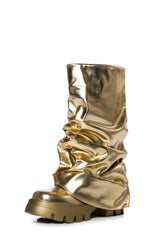 Metallic Scrunched Foldover Mid Calf Flatform Chunky Boots - Gold