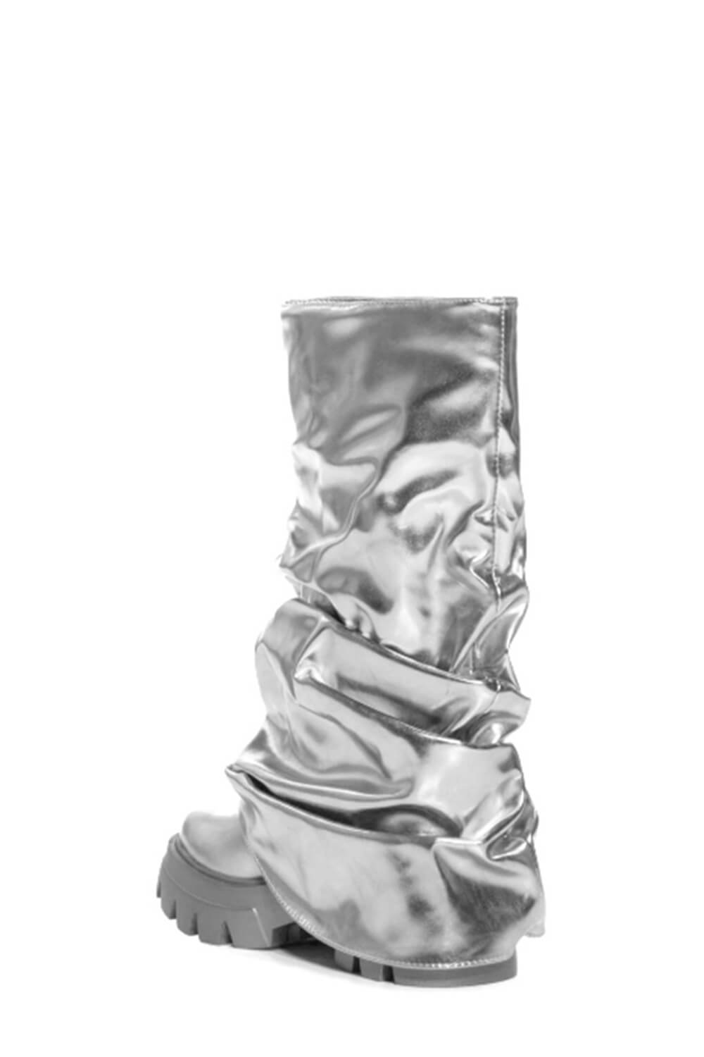 Metallic Scrunched Foldover Mid Calf Flatform Chunky Boots - Silver