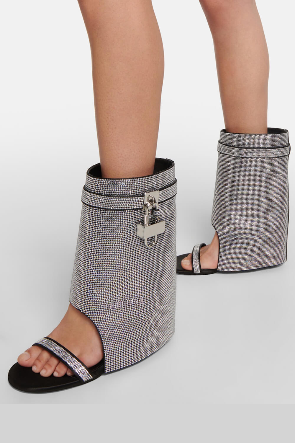 Gem Embellished Diamante Padlock Folded Cutout Wedge Heeled Sandals - Black