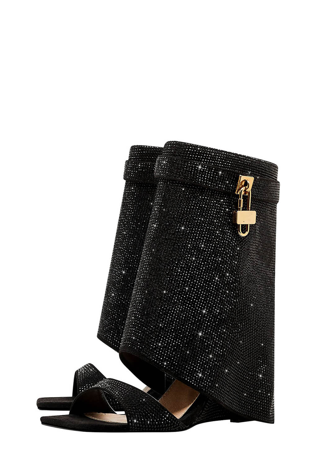 Gem Embellished Diamante Padlock Fold Over Wedge Heeled Sandals - Black