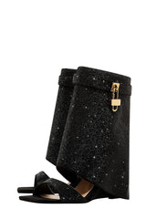 Gem Embellished Diamante Padlock Fold Over Wedge Heeled Sandals - Black