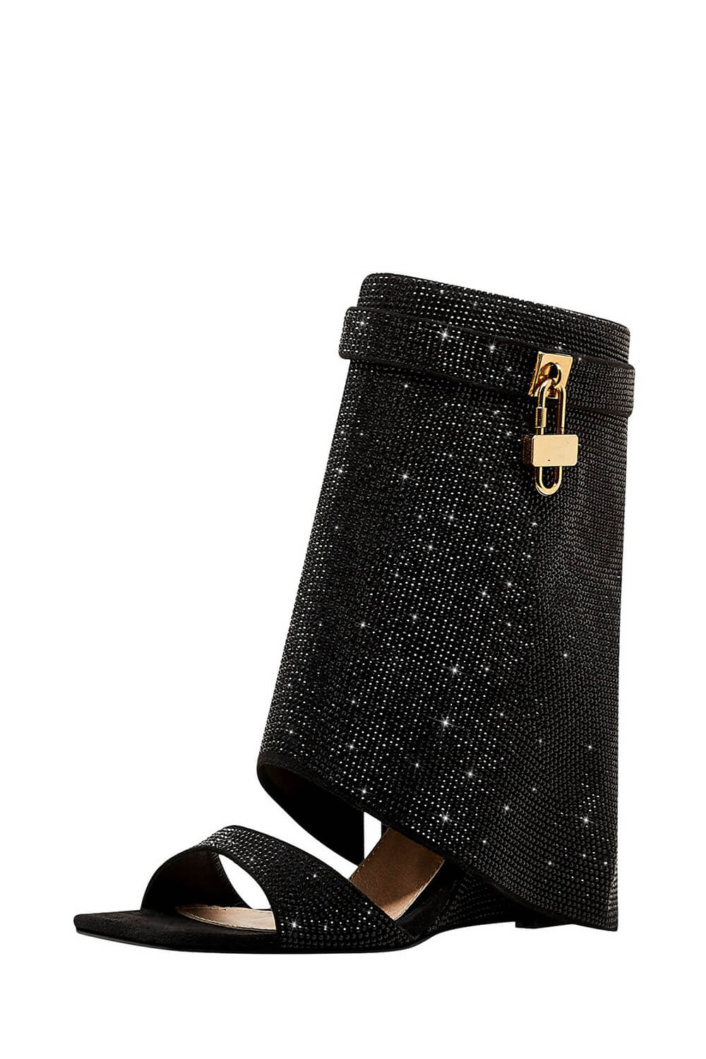 Gem Embellished Diamante Padlock Fold Over Wedge Heeled Sandals - Black