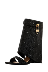 Gem Embellished Diamante Padlock Fold Over Wedge Heeled Sandals - Black