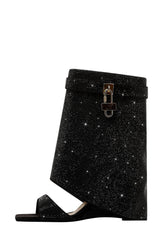 Gem Embellished Diamante Padlock Fold Over Wedge Heeled Sandals - Black