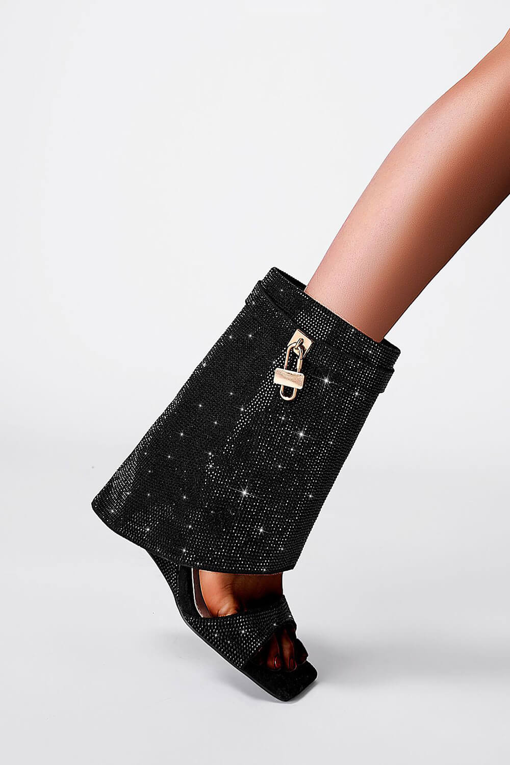 Gem Embellished Diamante Padlock Fold Over Wedge Heeled Sandals - Black