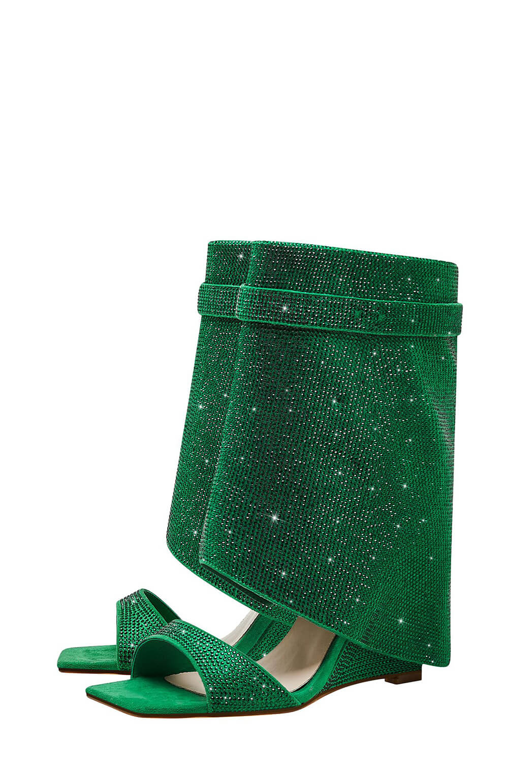 Gem Embellished Diamante Padlock Fold Over Wedge Heeled Sandals - Green