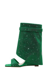 Gem Embellished Diamante Padlock Fold Over Wedge Heeled Sandals - Green