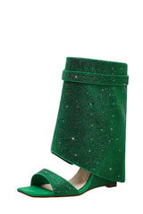 Gem Embellished Diamante Padlock Fold Over Wedge Heeled Sandals - Green