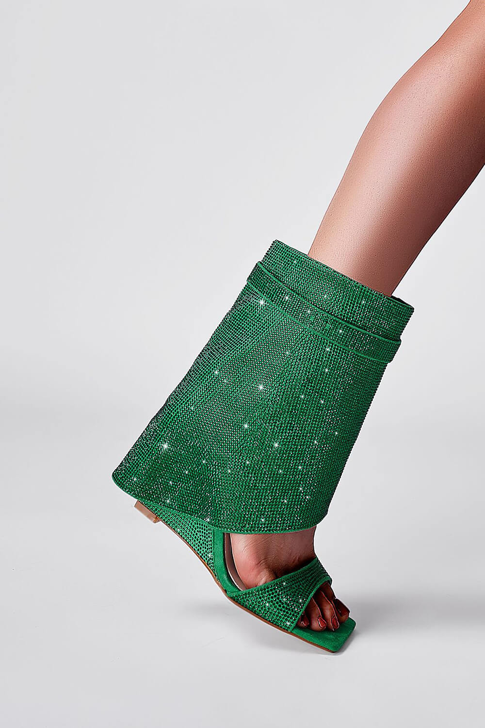 Gem Embellished Diamante Padlock Fold Over Wedge Heeled Sandals - Green