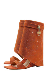 Gem Embellished Diamante Padlock Fold Over Wedge Heeled Sandals - Orange