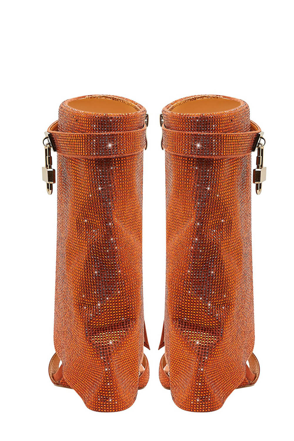 Gem Embellished Diamante Padlock Fold Over Wedge Heeled Sandals - Orange