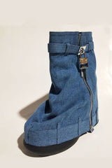 Wrapped Denim Padlock Detail Folded Wedge Heel Mid Calf Chunky Biker Boots - Dark Blue