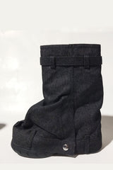Wrapped Denim Padlock Detail Folded Wedge Heel Mid Calf Chunky Biker Boots - Black