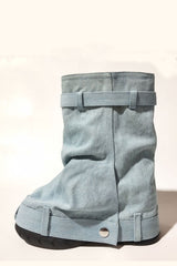 Wrapped Denim Padlock Detail Folded Wedge Heel Mid Calf Chunky Biker Boots - Light Blue