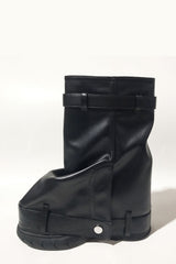 Wrapped Faux Leather Padlock Detail Folded Wedge Heel Mid Calf Chunky Biker Boots - Black