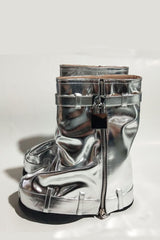 Wrapped Faux Leather Padlock Detail Folded Wedge Heel Mid Calf Chunky Biker Boots - Silver