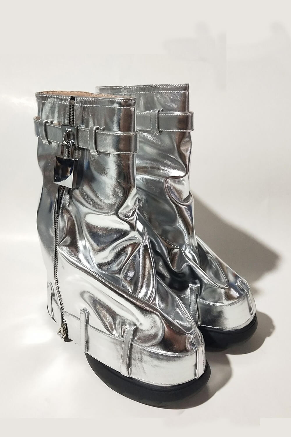 Wrapped Faux Leather Padlock Detail Folded Wedge Heel Mid Calf Chunky Biker Boots - Silver
