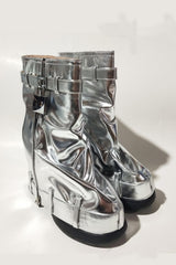 Wrapped Faux Leather Padlock Detail Folded Wedge Heel Mid Calf Chunky Biker Boots - Silver