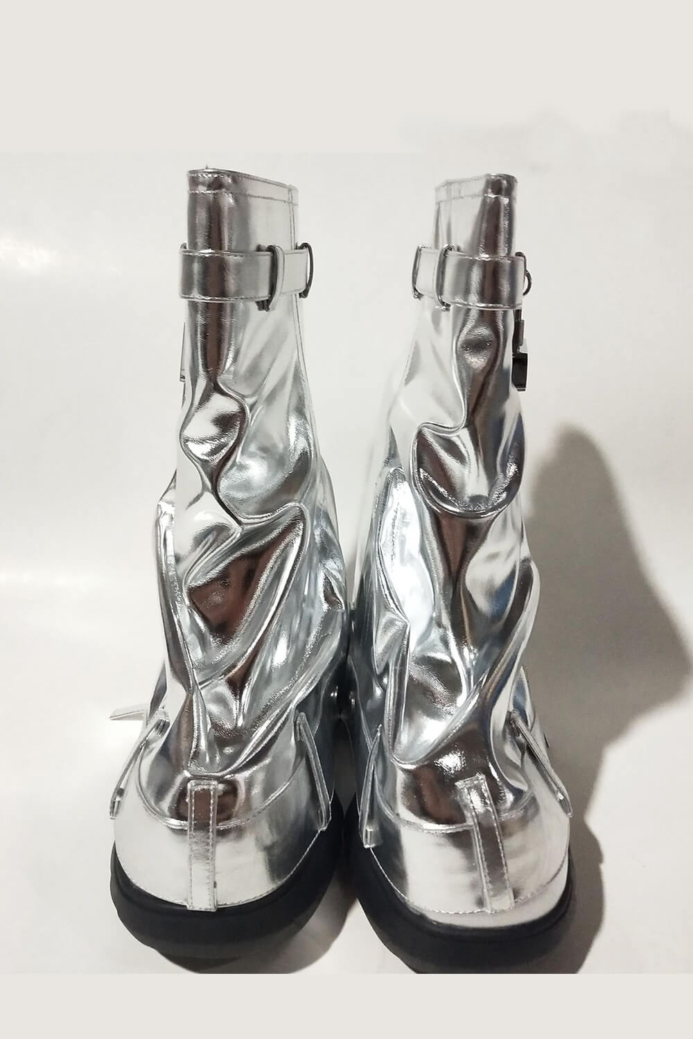 Wrapped Faux Leather Padlock Detail Folded Wedge Heel Mid Calf Chunky Biker Boots - Silver